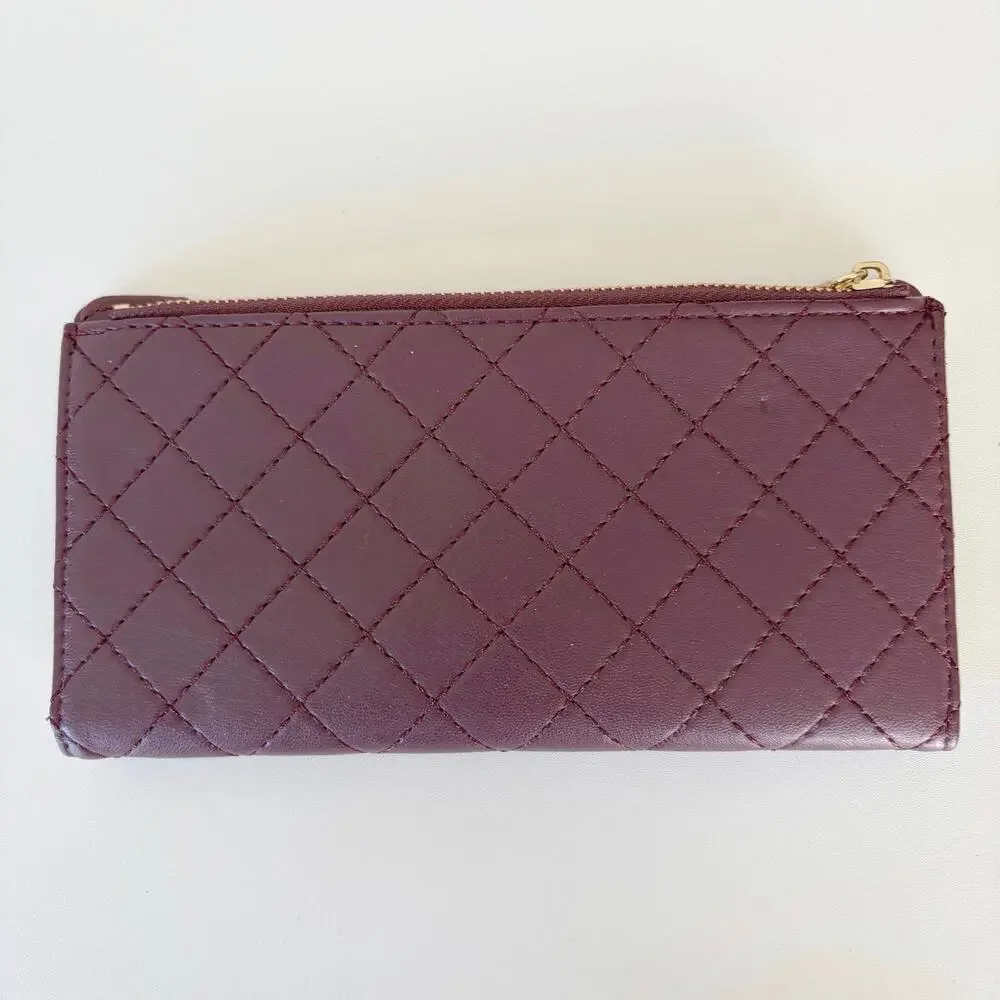 Badgley Mischka Long Card Wallet‎ Quilted Plum Gold BM Logo NWT Old Money Glam